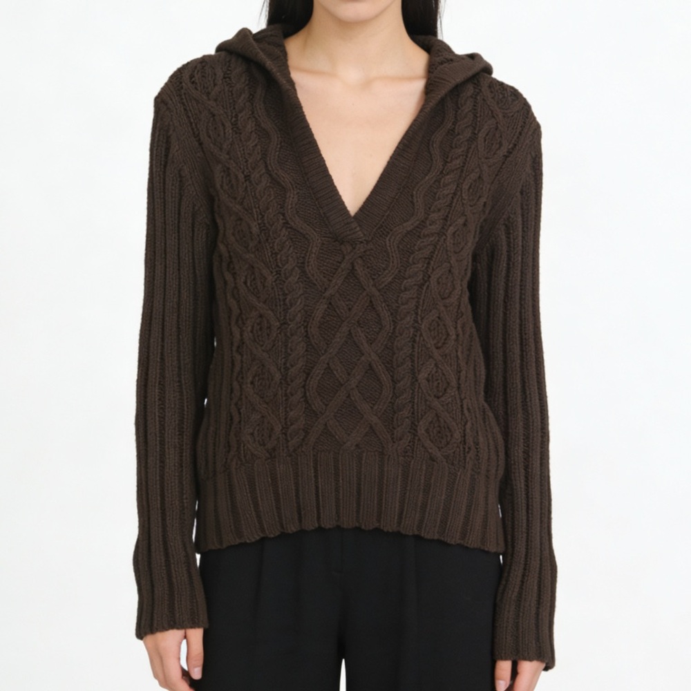 Gap V-Neck Cable-Knit Brown Sweater Long Sleeves